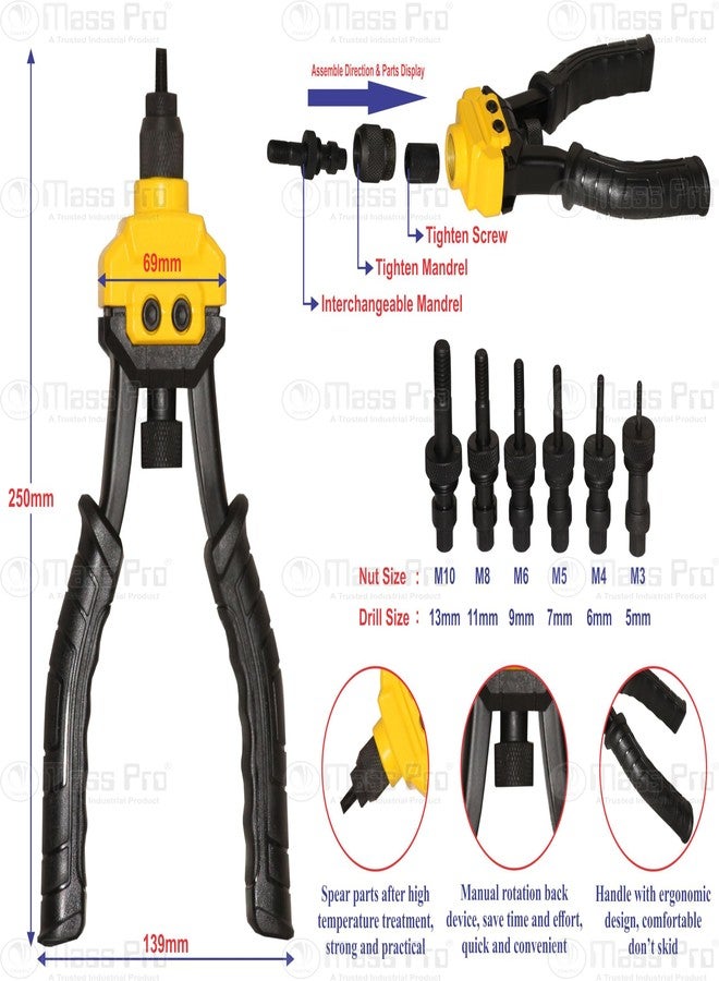 Mass Pro Hand Rivet Nut Setter Tool, 255mm, Heavy Duty Threaded Rivet Nut Set with 6 Interchangeable Mandrels M3/M4/M5/M6/M8/M10 - Image 2